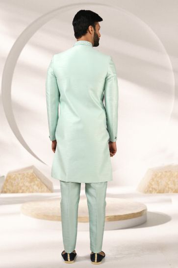 Sea Green Color Printed Banarasi Fabric Wedding Wear Readymade Indo Western For Men