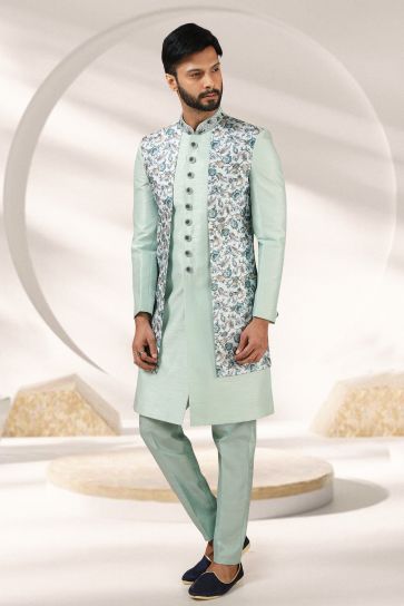 Sea Green Color Printed Banarasi Fabric Wedding Wear Readymade Indo Western For Men