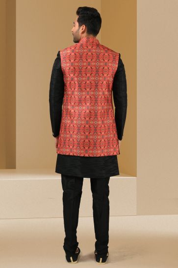 Banarasi Fabric Black Color Printed Festive Wear Trendy Readymade Men Indo Western