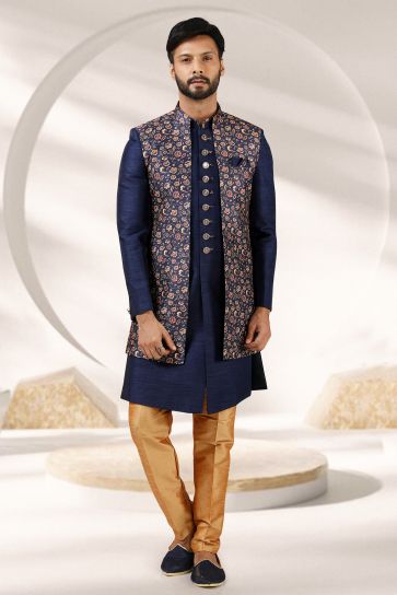 Navy Blue Color Wedding Wear Banarasi Fabric Printed Designer Readymade Indo Western For Men