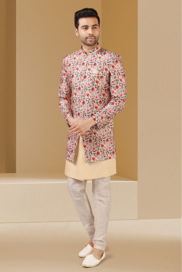 Printed Appealing Cream Color Banarasi Fabric Wedding Wear Readymade Indo Western For Men