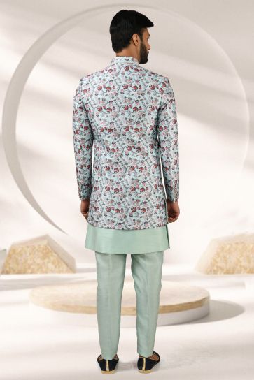 Sea Green Color Printed Engaging Banarasi Fabric Festive Wear Readymade Indo Western For Men