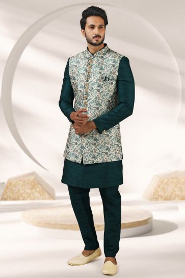 Teal Color Banarasi Fabric Printed Festive Wear Captivating Readymade Indo Western For Men