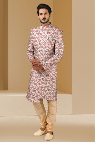 Sea Green Color Printed Banarasi Fabric Wedding Wear Striking Readymade Indo Western For Men