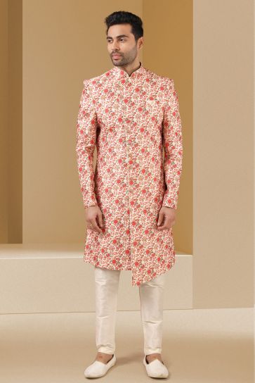 Banarasi Lovely Peach Color Festive Wear Printed Readymade Indo Western For Men