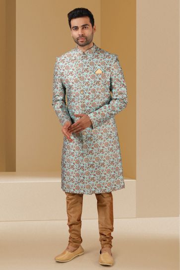 Sea Green Color Beautiful Printed Banarasi Fabric Wedding Wear Readymade Indo Western For Men