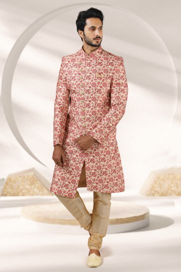 Wedding Wear Pink Color Banarasi Fabric Attractive Printed Readymade Indo Western For Men