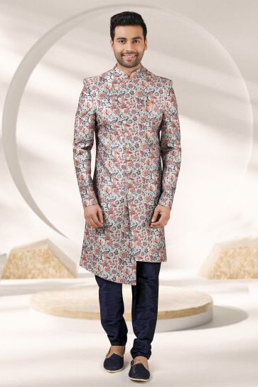 Light Cyan Color Banarasi Fabric Wedding Wear Readymade Indo Western For Men