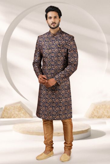 Banarasi Fabric Navy Blue Color Festive Wear Readymade Men Stylish Indo Western
