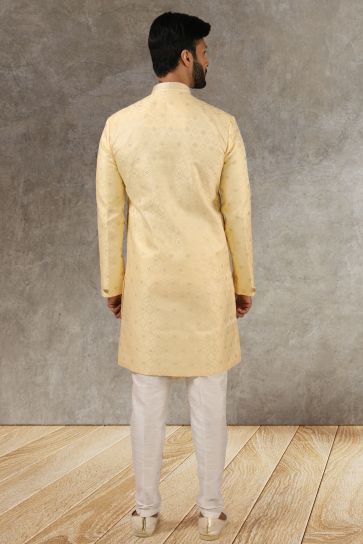 Yellow Jacquard Silk Fabric Wedding Wear Trendy Readymade Indo Western For Men