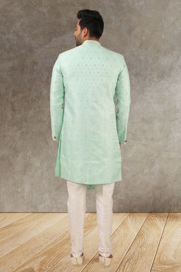Jacquard Silk Sea Green Color Wedding Wear Readymade Designer Men Indo Western