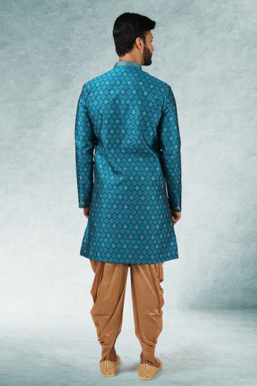 Cyan Gorgeous Jacquard Silk Fabric Wedding Wear Readymade Indo Western For Men