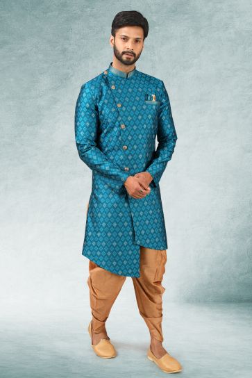 Cyan Gorgeous Jacquard Silk Fabric Wedding Wear Readymade Indo Western For Men
