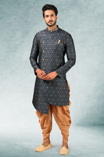Stunning Grey Color Jacquard Silk Fabric Wedding Wear Readymade Men Indo Western