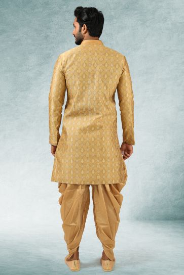 Gorgeous Beige Color Jacquard Silk Fabric Wedding Wear Readymade Indo Western For Men