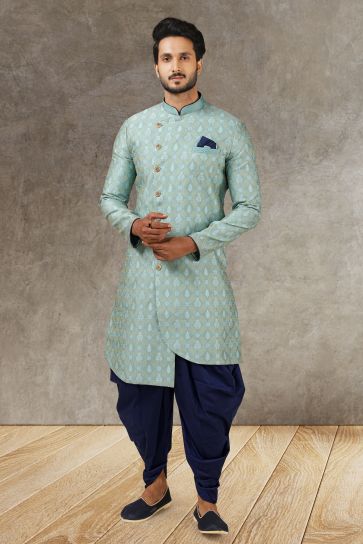 Jacquard Silk Fabric Light Cyan Color Festive Wear Readymade Stunning Indo Western For Men