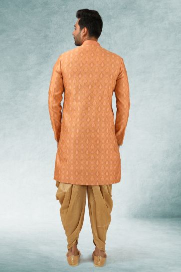 Peach Color Wedding Wear Readymade Lovely Jacquard Silk Fabric Indo Western For Men
