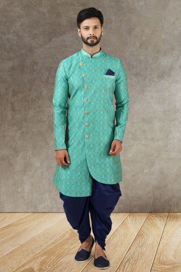 Jacquard Silk Fabric Wedding Wear Readymade Pretty Sea Green Color Indo Western For Men