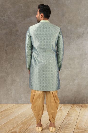 Wedding Wear Readymade Grey Color Jacquard Silk Fabric Beautiful Indo Western For Men