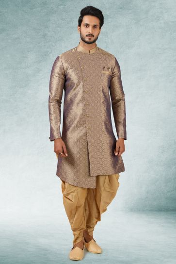 Moss Purple Color Jacquard Silk Fabric Readymade Men Indo Western