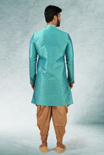 Jacquard Silk Cyan Color Readymade Ethnic Men Indo Western