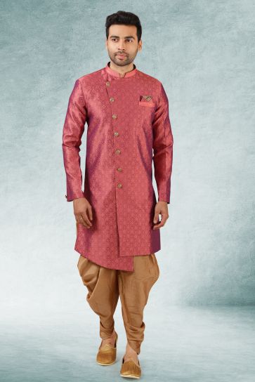 Pink Color Jacquard Silk Fabric Designer Readymade Indo Western