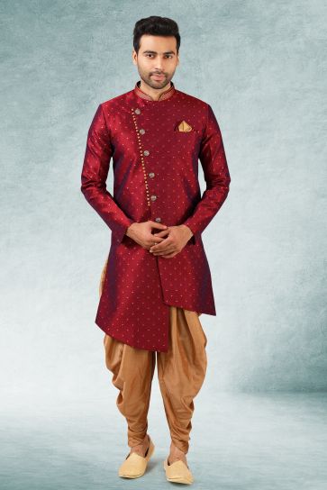 Red Color Jacquard Silk Fabric Wedding Wear Readymade Indo Western