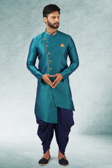 Jacquard Silk Fabric Teal Color Festive Wear Readymade Men Stylish Indo Western