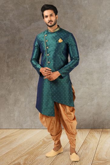 Dark Green Jacquard Silk Fabric Wedding Wear Trendy Readymade Indo Western For Men