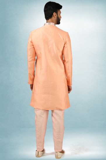 Art Silk Peach Color Wedding Wear Readymade Designer Men Indo Western