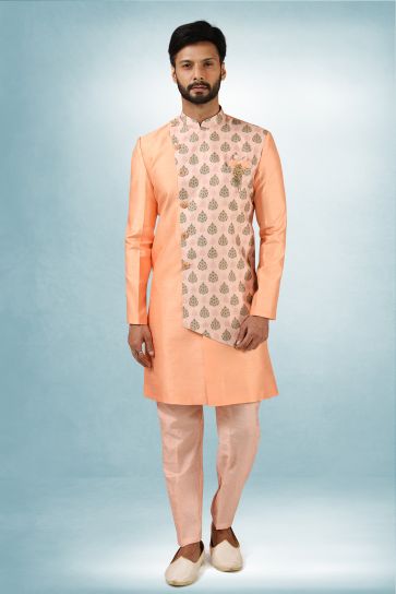 Art Silk Peach Color Wedding Wear Readymade Designer Men Indo Western