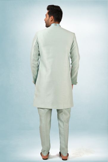 Sea Green Gorgeous Art Silk Fabric Wedding Wear Readymade Indo Western For Men
