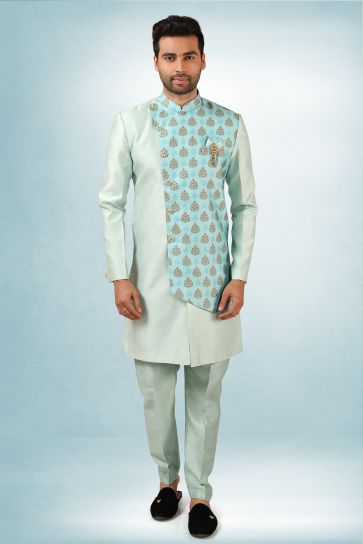 Sea Green Gorgeous Art Silk Fabric Wedding Wear Readymade Indo Western For Men