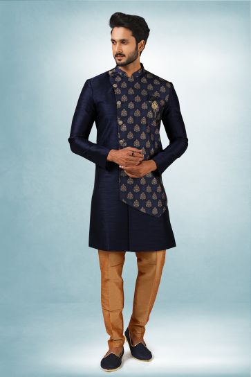 Art Silk Stunning Navy Blue Color Wedding Wear Readymade Men Indo Western