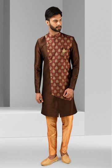Art Silk Brown Festive Wear Readymade Lovely Indo Western For Men