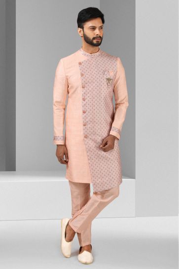 Pink Art Silk Graceful Readymade Men Indo Western