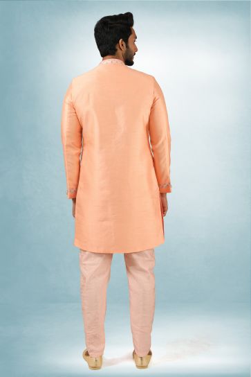 Peach Color Art Silk Fabric Readymade Men Indo Western