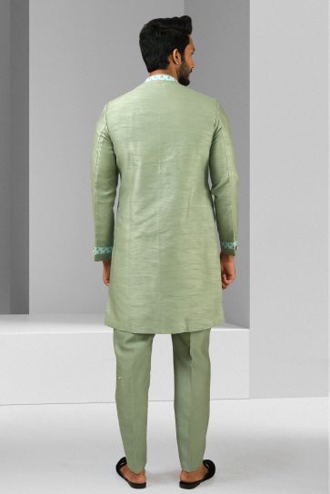 Sea Green Color Wedding Wear Readymade Art Silk Fabric Indo Western For Men
