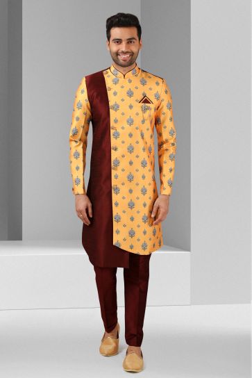 Art Silk Fabric Wedding Wear Readymade Yellow Color Indo Western For Men