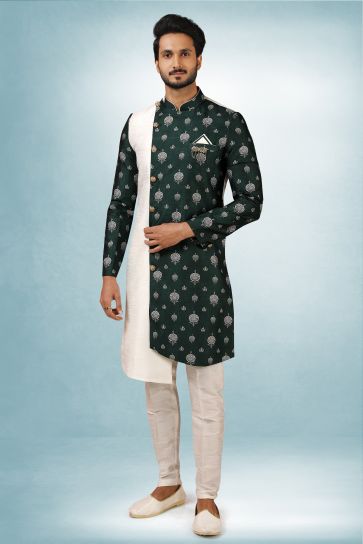 Dark Green Art Silk Fabric Festive Wear Readymade Indo Western For Men