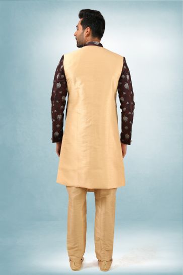 Brown Color Art Silk Fabric Wedding Wear Readymade Indo Western For Men