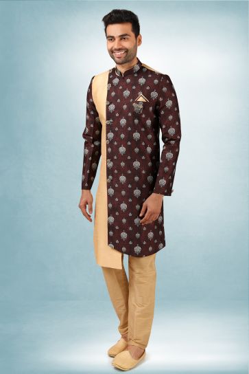 Brown Color Art Silk Fabric Wedding Wear Readymade Indo Western For Men