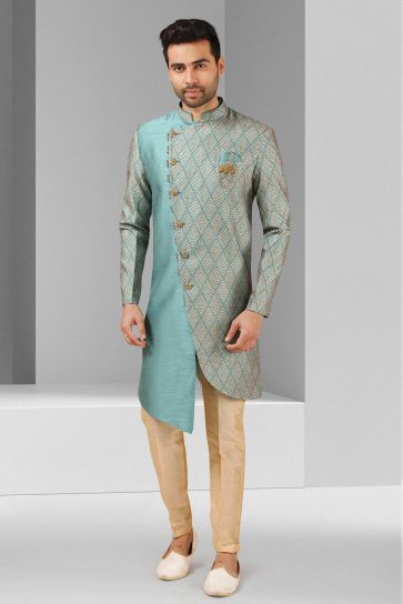 Art Silk Fabric Light Cyan Color Festive Wear Trendy Readymade Men Indo Western