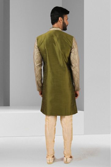Green Color Wedding Wear Art Silk Fabric Designer Readymade Indo Western For Men