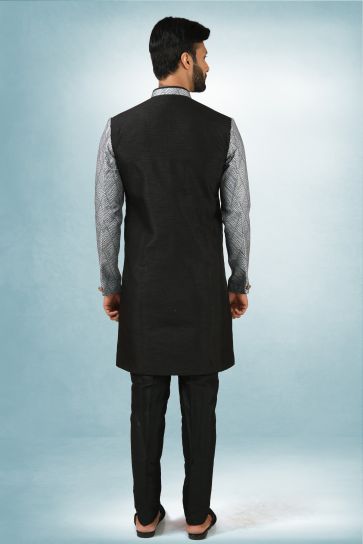 Black Color Engaging Art Silk Fabric Festive Wear Readymade Indo Western For Men