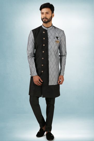 Black Color Engaging Art Silk Fabric Festive Wear Readymade Indo Western For Men