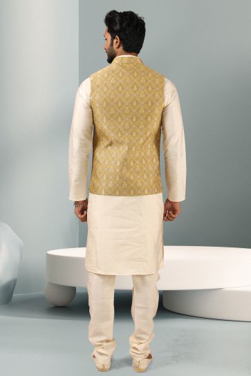 Banarasi Silk Fabric Beige Color Festive Wear Readymade Stunning Kurta Pyjama For Men With 3 Pcs Jacket Set