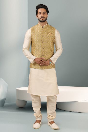 Banarasi Silk Fabric Beige Color Festive Wear Readymade Stunning Kurta Pyjama For Men With 3 Pcs Jacket Set