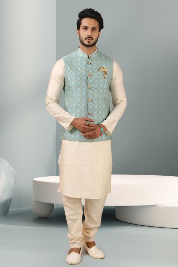 Beige Color Sangeet Wear Readymade Lovely Banarasi Silk Fabric Kurta Pyjama For Men With 3 Pcs Jacket Set
