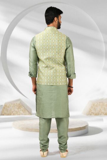 Attractive Sea Green Color Banarasi Silk Fabric Wedding Wear Readymade Kurta Pyjama For Men With 3 Pcs Jacket Set